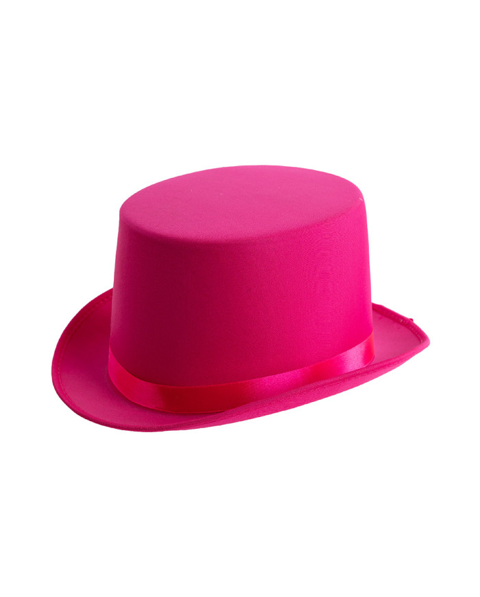 Sombrero de copa de raso y fieltro rosa fluorescente de 12 cm de alto aprox. (t. 58) con etiqueta colgante