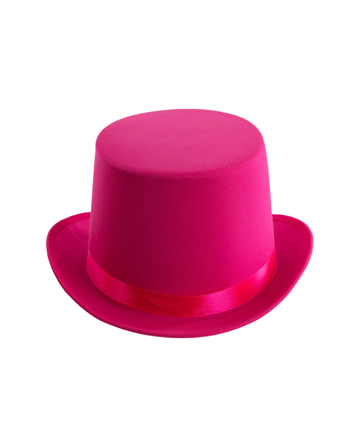 Sombrero de copa de raso y fieltro rosa fluorescente de 12 cm de alto aprox. (t. 58) con etiqueta colgante