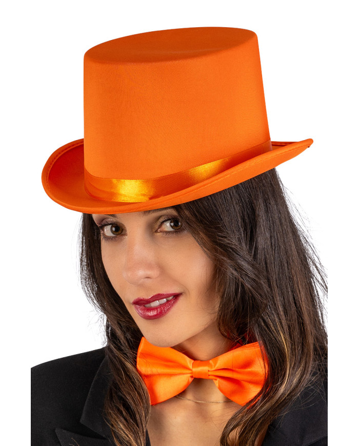 Zylinder aus Satin und Filz, orange fluoreszierend, ca. 12 cm hoch (Gr. 58) mit Pappschild