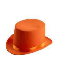 Zylinder aus Satin und Filz, orange fluoreszierend, ca. 12 cm hoch (Gr. 58) mit Pappschild