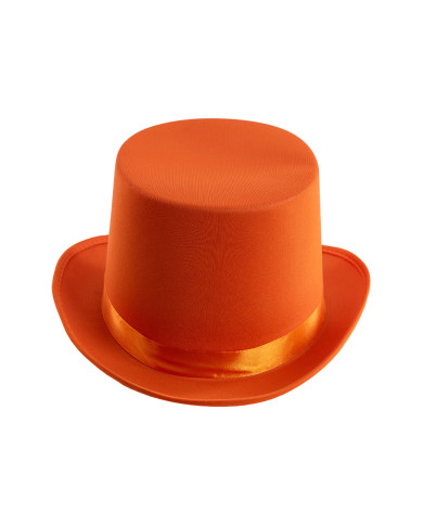 Sombrero de copa de raso y fieltro naranja fluorescente de 12 cm de alto aprox. (t. 58) con etiqueta colgante