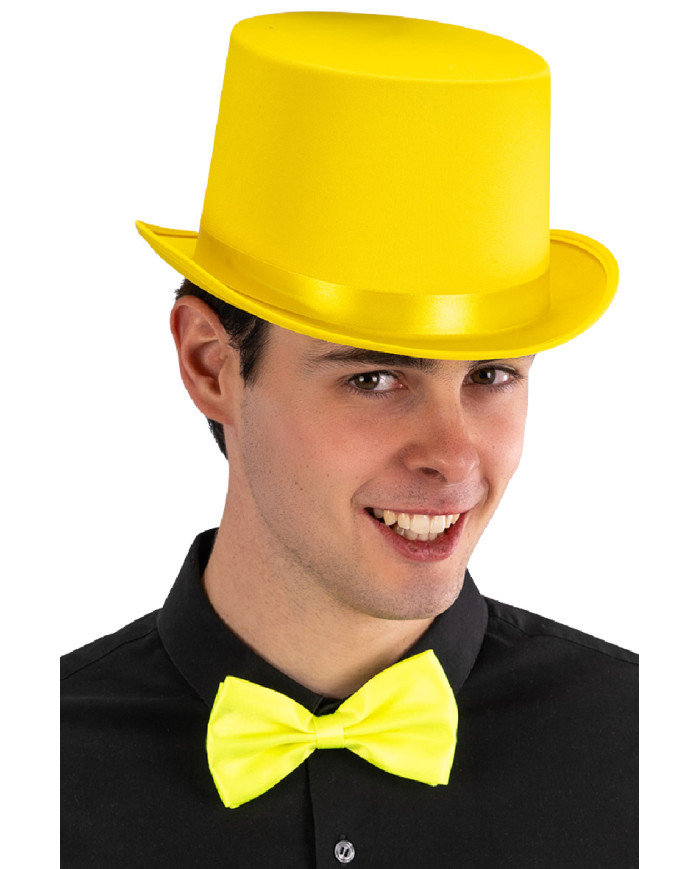 Sombrero de copa de raso y fieltro amarillo fluorescente de 12 cm de alto aprox. (t. 58) con etiqueta colgante