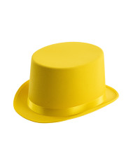Haut-de-forme en satin et feutre jaune fluo, h. 12  env. (taille 58), avec étiquette volante