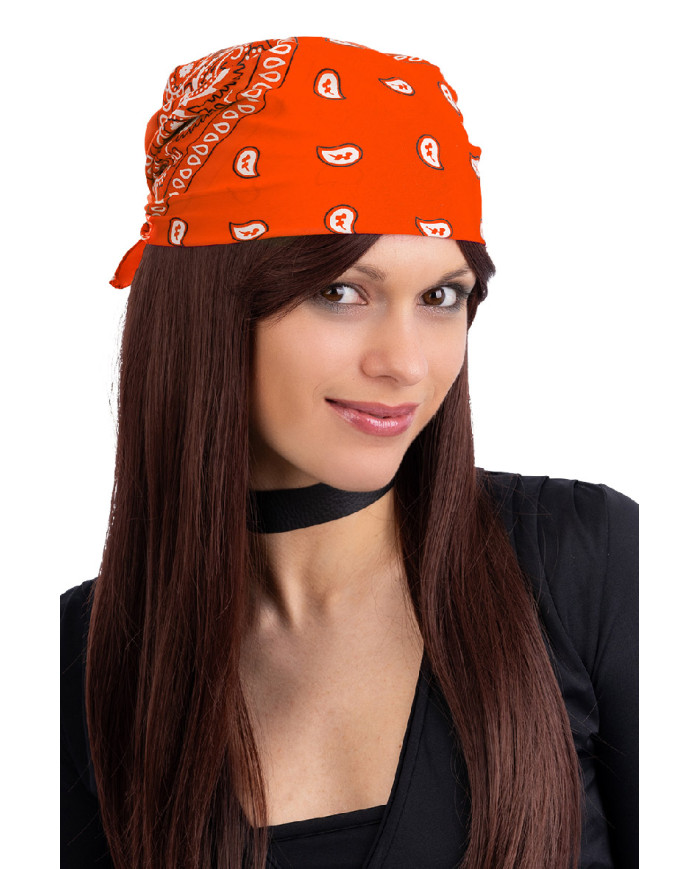 Bandana orange fluo en tissu 55x55 cm env., dans un sachet avec étiquette ferme-sachet Bandana orange fluo en tissu 55x55 cm env., dans un sachet avec étiquette ferme-sachet