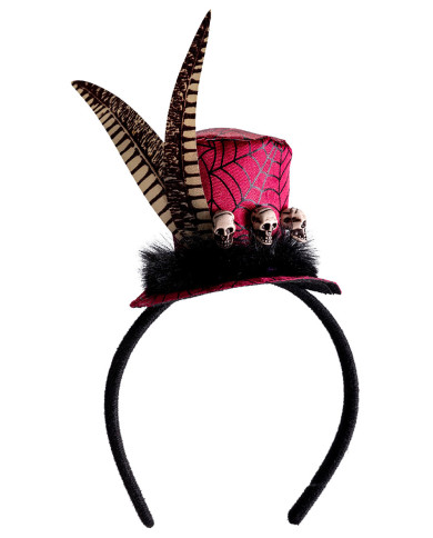 Minisombrero fucsia con calaveras y plumas de 8 cm de alto aprox. con diadema con solapa de cartón Minisombrero fucsia con calaveras y plumas de 8 cm de alto aprox. con diadema con solapa de cartón