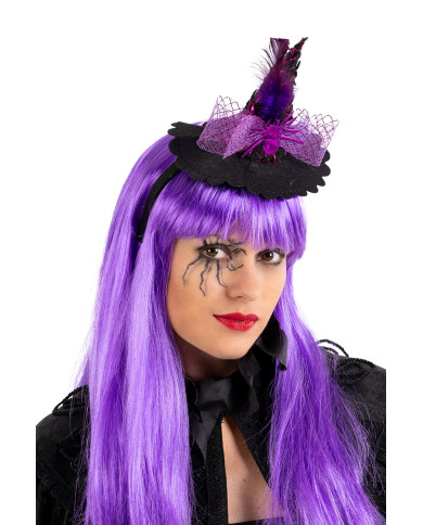 Mini chapeau sorcière avec araignée et tulle violet, h. 14 cm env., avec serre-tête, avec étiquette cartonnée pliée