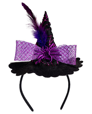Mini chapeau sorcière avec araignée et tulle violet, h. 14 cm env., avec serre-tête, avec étiquette cartonnée pliée