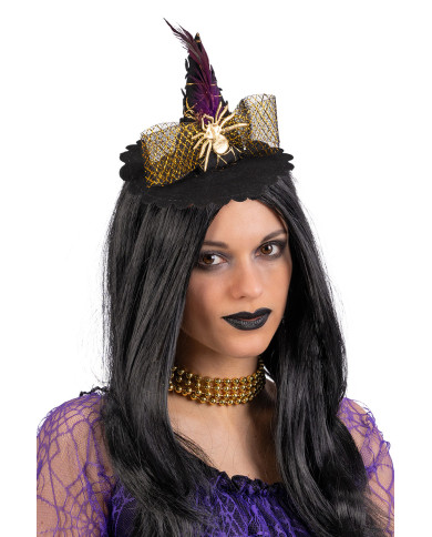 Minisombrero de bruja con araña y tul dorado de 14 cm de alto aprox. con diadema con solapa de cartón Minisombrero de bruja con araña y tul dorado de 14 cm de alto aprox. con diadema con solapa de cartón