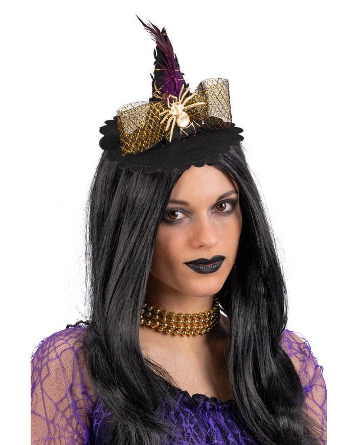 Mini chapeau sorcière avec araignée et tulle doré, h. 14 cm env., avec serre-tête, avec étiquette cartonnée pliée