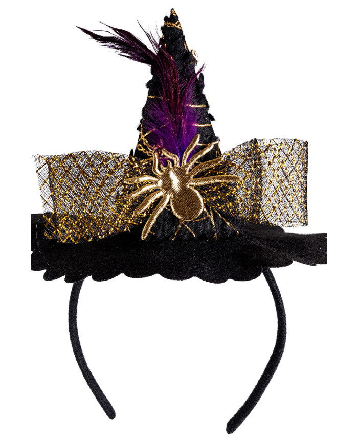 Minisombrero de bruja con araña y tul dorado de 14 cm de alto aprox. con diadema con solapa de cartón