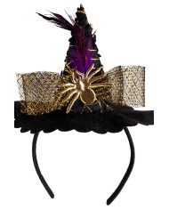 Minisombrero de bruja con araña y tul dorado de 14 cm de alto aprox. con diadema con solapa de cartón