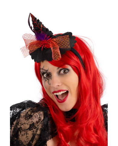 Minisombrero de bruja con araña y tul rojo de 14 cm de alto aprox. con diadema con solapa de cartón Minisombrero de bruja con araña y tul rojo de 14 cm de alto aprox. con diadema con solapa de cartón