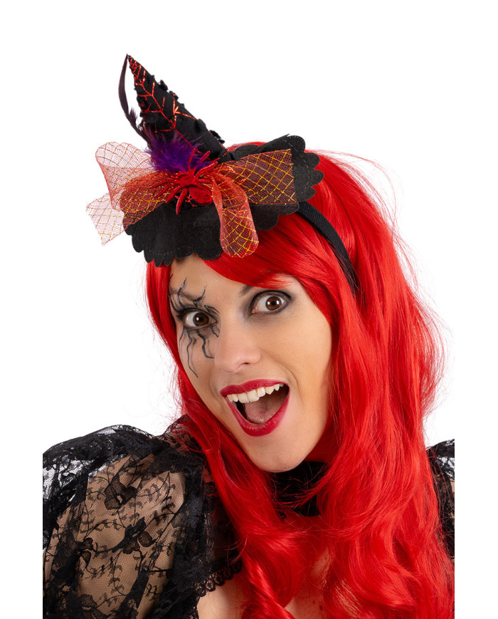 Mini cappellino strega con ragno e tulle rosso  h.cm.14 ca.con cerchietto con cavallotto
