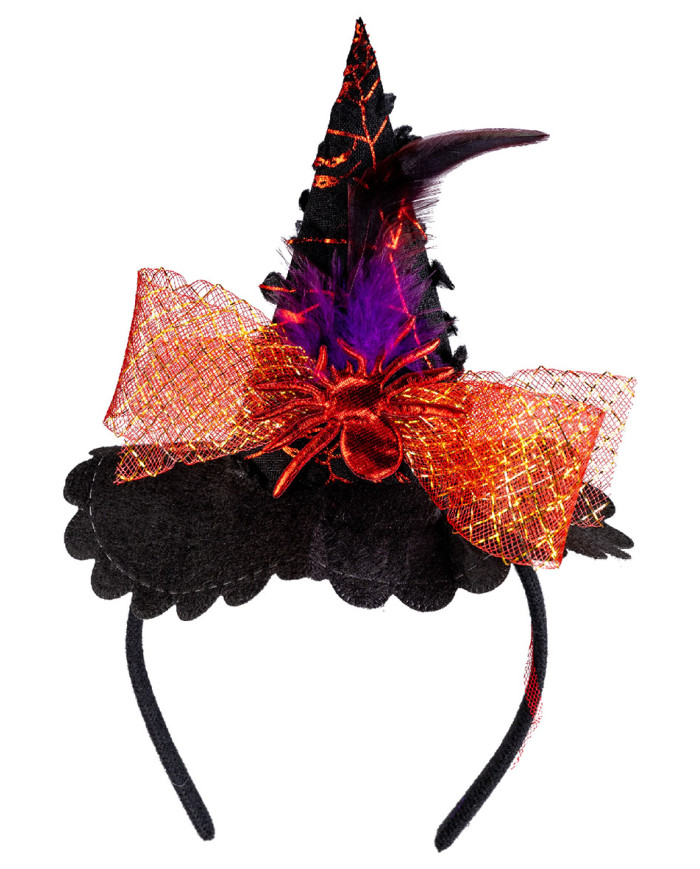 Minisombrero de bruja con araña y tul rojo de 14 cm de alto aprox. con diadema con solapa de cartón