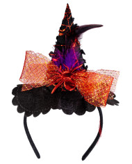 Mini cappellino strega con ragno e tulle rosso  h.cm.14 ca.con cerchietto con cavallotto