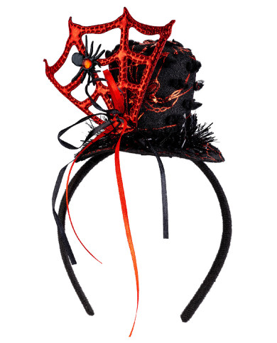 Minisombrero con tela de araña roja de 7 cm de alto aprox. con diadema con solapa de cartón Minisombrero con tela de araña roja de 7 cm de alto aprox. con diadema con solapa de cartón