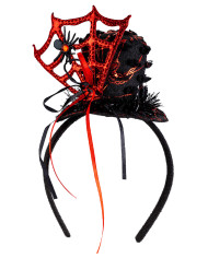 Mini chapeau avec toile d’araignée rouge, h. 7 cm env., avec serre-tête, avec étiquette cartonnée pliée