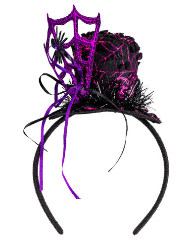 Minisombrero con tela de araña violeta de 7 cm de alto aprox. con diadema con solapa de cartón Minisombrero con tela de araña violeta de 7 cm de alto aprox. con diadema con solapa de cartón