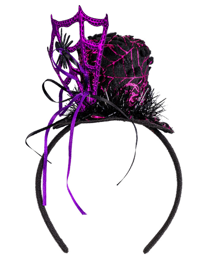 Minisombrero con tela de araña violeta de 7 cm de alto aprox. con diadema con solapa de cartón Minisombrero con tela de araña violeta de 7 cm de alto aprox. con diadema con solapa de cartón