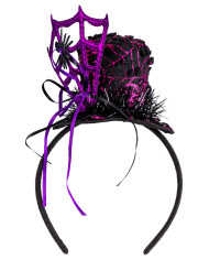 Minisombrero con tela de araña violeta de 7 cm de alto aprox. con diadema con solapa de cartón Minisombrero con tela de araña violeta de 7 cm de alto aprox. con diadema con solapa de cartón