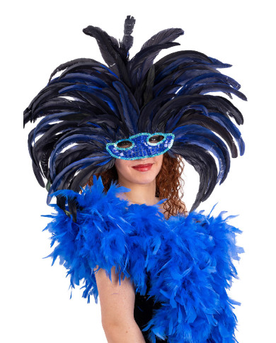 Couvre-chef brésilien plumes bleues avec masque, dans un sachet avec étiquette ferme-sachet