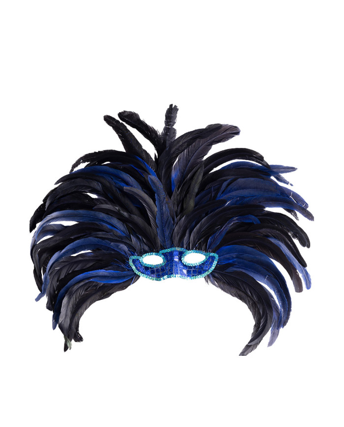 Couvre-chef brésilien plumes bleues avec masque, dans un sachet avec étiquette ferme-sachet Couvre-chef brésilien plumes bleues avec masque, dans un sachet avec étiquette ferme-sachet