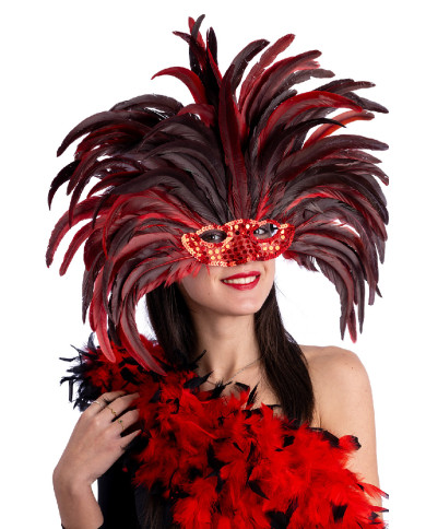 Tocado brasil de plumas rojas con máscara en bolsa con solapa de cartón