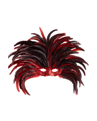 Tocado brasil de plumas rojas con máscara en bolsa con solapa de cartón