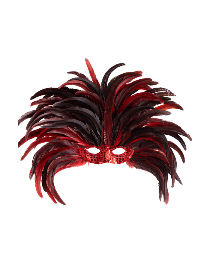 Couvre-chef brésilien plumes rouges avec masque, dans un sachet avec étiquette ferme-sachet Couvre-chef brésilien plumes rouges avec masque, dans un sachet avec étiquette ferme-sachet