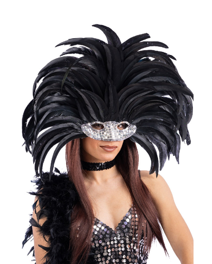 Couvre-chef brésilien plumes noires avec masque, dans un sachet avec étiquette ferme-sachet Couvre-chef brésilien plumes noires avec masque, dans un sachet avec étiquette ferme-sachet