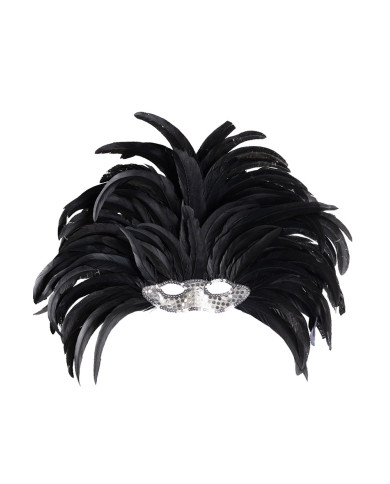 Tocado brasil de plumas negras con máscara en bolsa con solapa de cartón