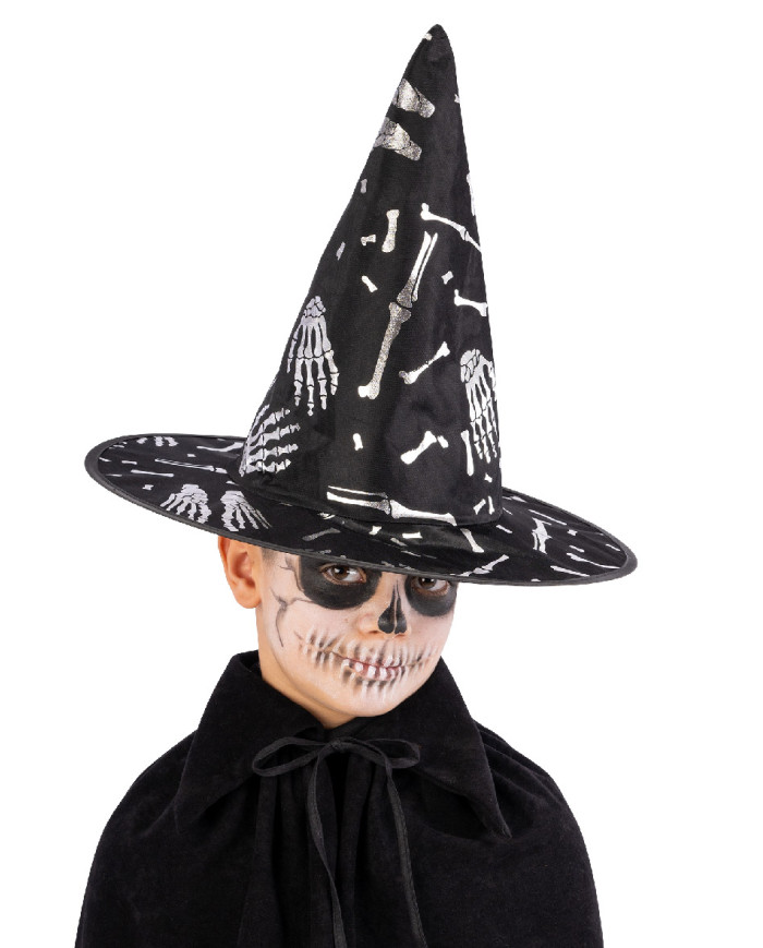 Chapeau noir sorcière avec décorations argentées, h. 34 cm env., avec étiquette volante / étiquette