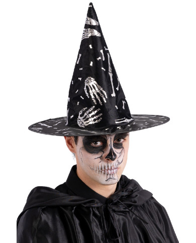 Sombrero de bruja negro con adornos plateados de 34 cm de alto aprox. con etiqueta colgante/etiqueta adhesiva
