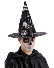 Chapeau noir sorcière avec décorations argentées, h. 34 cm env., avec étiquette volante / étiquette