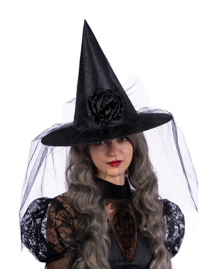 Witch black hat with flower and veil h.cm. 40 with label