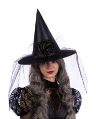 Chapeau noir sorcière avec fleur et voilette, h. 40 cm env., avec étiquette volante / étiquette
