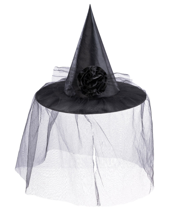 Chapeau noir sorcière avec fleur et voilette, h. 40 cm env., avec étiquette volante / étiquette