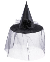 Chapeau noir sorcière avec fleur et voilette, h. 40 cm env., avec étiquette volante / étiquette