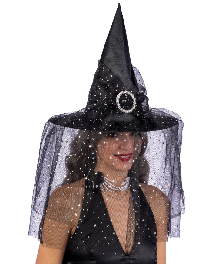 Witch black hat with veil  h.cm 35  with label