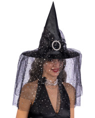 Witch black hat with veil  h.cm 35  with label