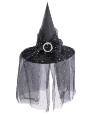 Sombrero de bruja negro con velo de 35 cm de alto aprox. con etiqueta colgante/etiqueta adhesiva