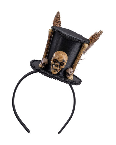 Mini chapeau vaudou noir avec tête de mort, décorations et serre-tête, h. 8 cm env., avec étiquette volante / étiquette