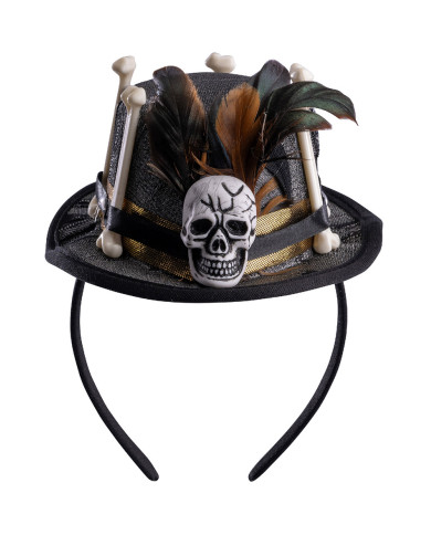 Mini chapeau vaudou noir avec tête de mort, décorations et serre-tête, h. 5,5 cm env., avec étiquette volante / étiquette