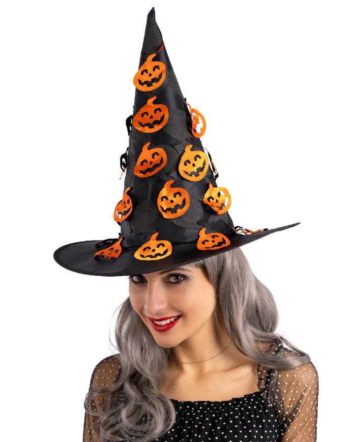 Witch black hat with carved pumpkins h.cm. 37 with label