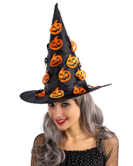 Sombrero de bruja negro con calabazas recortadas de 37 cm de alto aprox. con etiqueta colgante/etiqueta adhesiva