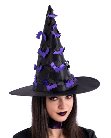 Sombrero de bruja negro con murciélagos recortados de 37 cm de alto aprox. con etiqueta colgante/etiqueta adhesiva