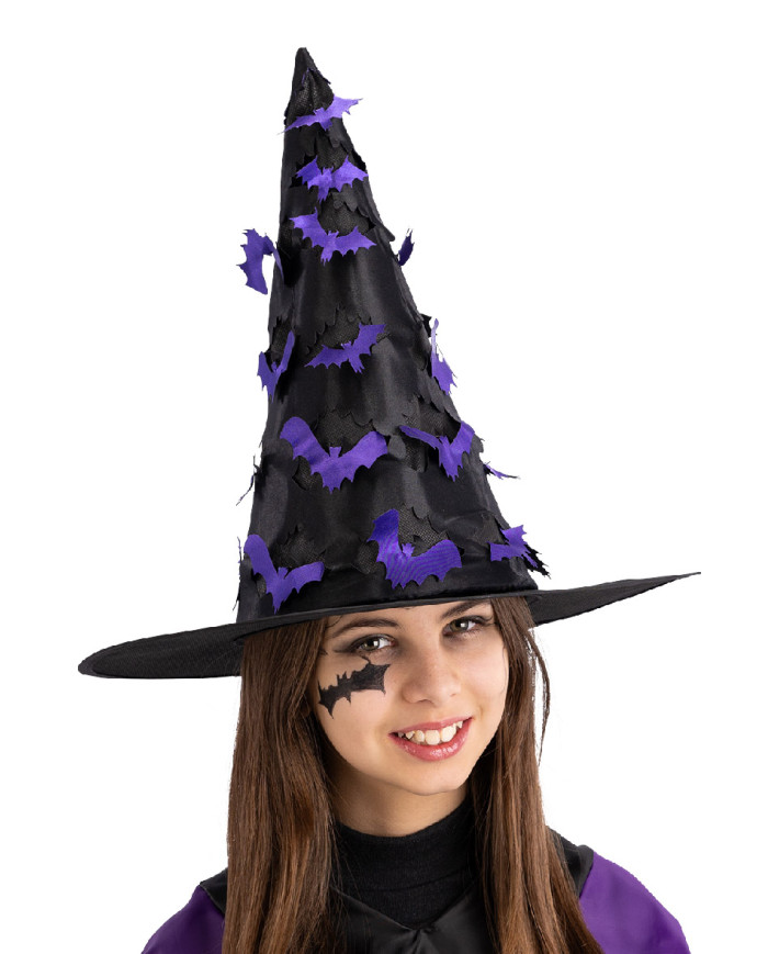 Witch black hat with carved bats h.cm. 37 with label