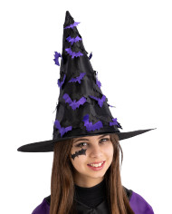 Sombrero de bruja negro con murciélagos recortados de 37 cm de alto aprox. con etiqueta colgante/etiqueta adhesiva