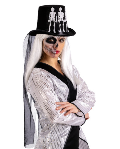 Grand haut-de-forme noir en feutre avec petits squelettes et voile, h. 17  env., avec étiquette volante / étiquette