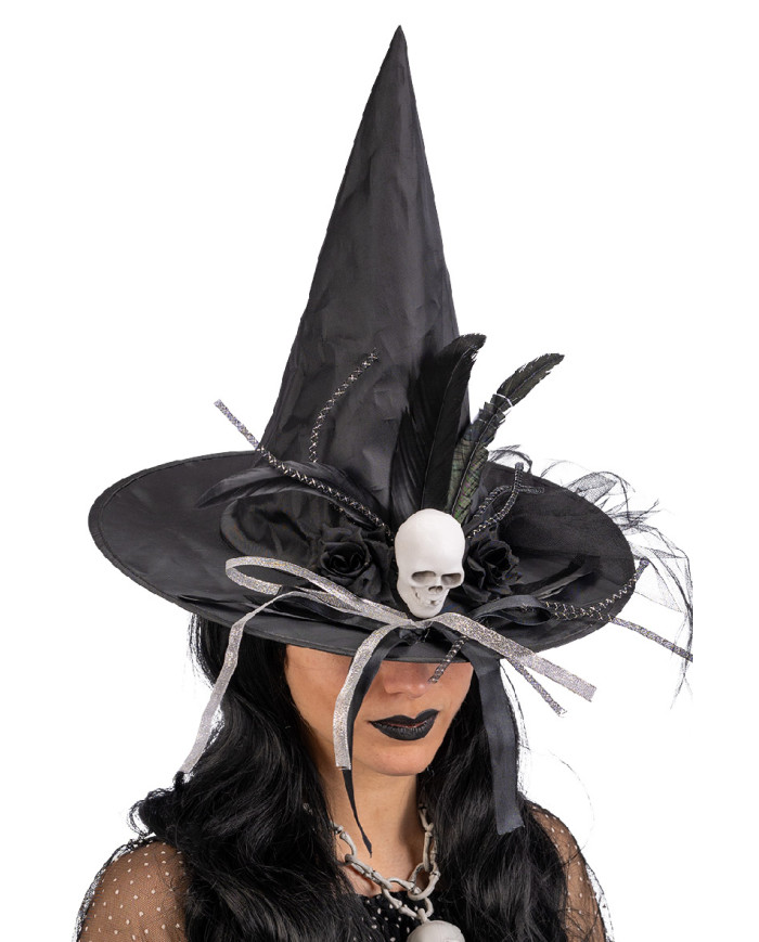 Cappello strega nero con teschio e decorazioni h.cm.35 ca. con cartellino/etichetta